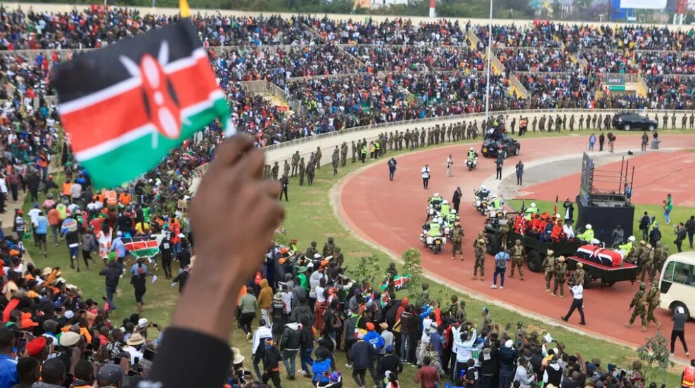 The coffin carrying the remains of former Kenya Prime Minister Raila Odinga (Andrew Kasuku/AP)