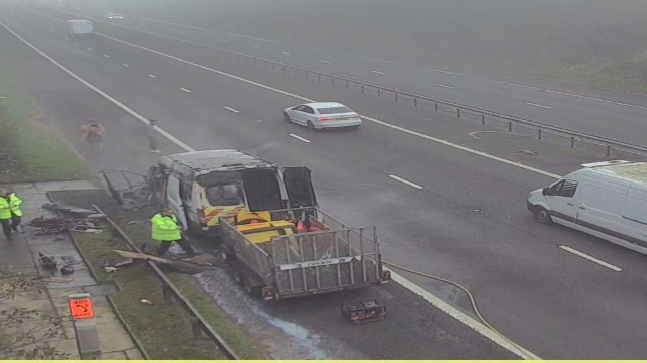 M8 disruption after van bursts into flames as drivers face long rush hour delays