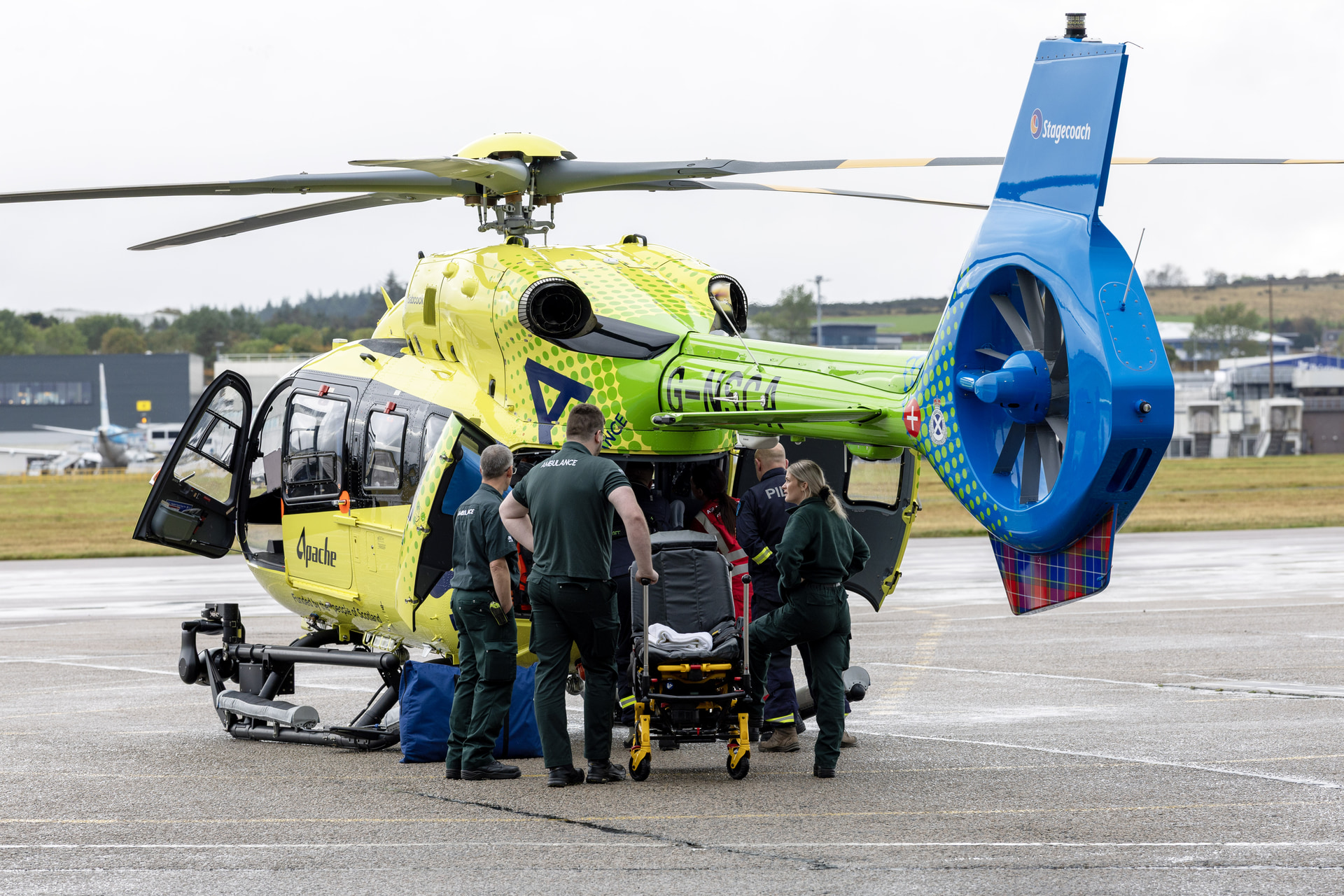 The helicopter lands back in Aberdeen after attending its first emergency callout.