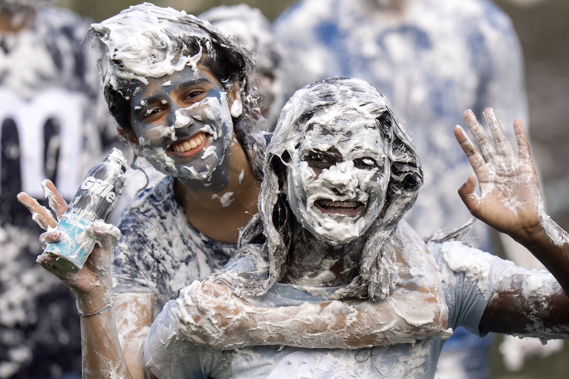 Students dressed up as Where’s Wally? take part in the foam fight