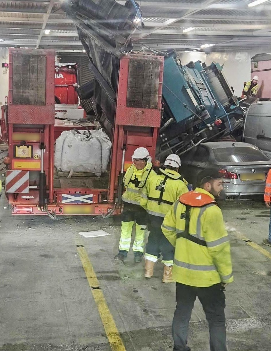 On Wednesday, October 22, 2025, NorthLink's MV Hamnavoe ferry was travelling across the Pentland Firth from Stromness to Scrabster when a flatbed lorry shed its load sending a large piece of machinery crashing down onto cars and vans.
