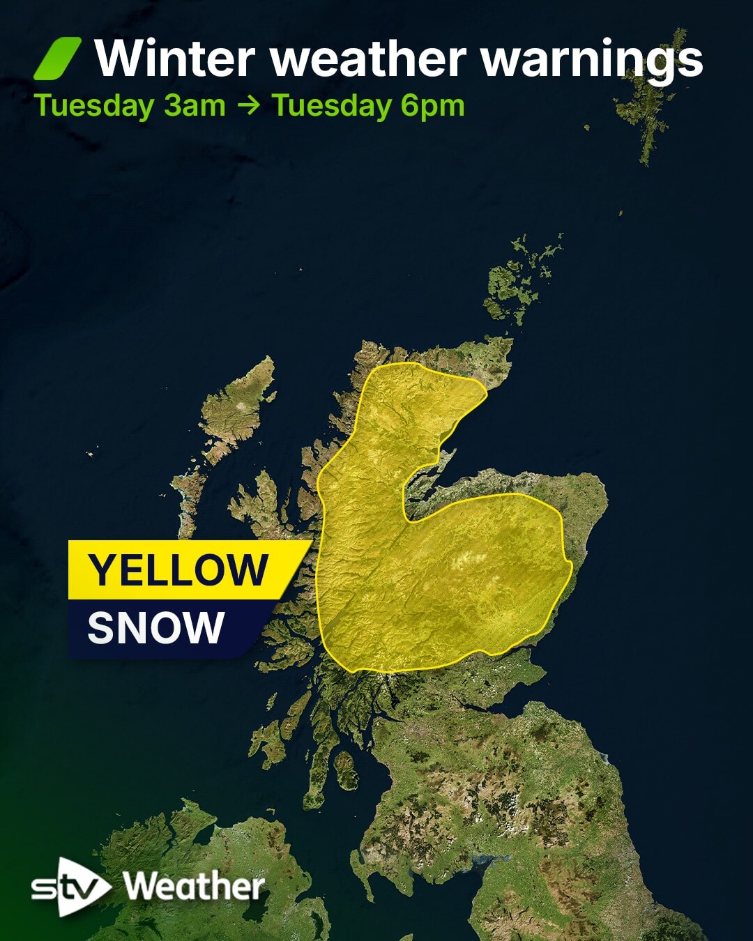 A snow warning follows from 3am in effect north of Stirling.