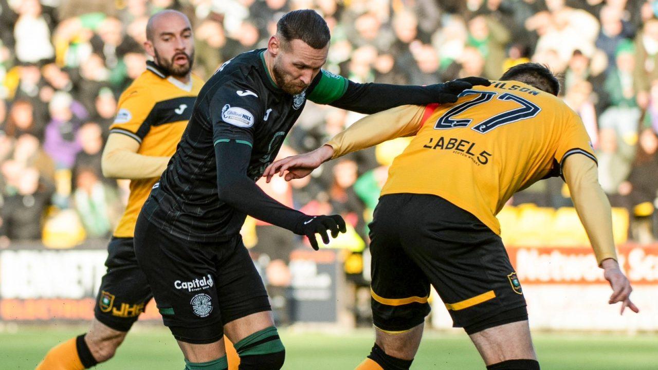 : Hibernian's Martin Boyle (L) and Livingston's Danny Wilson in action during a William Hill Premiership match between Livingston and Hibernian at the Home of the Set Fare Arena, on November 01, 2025, in Livingston, Scotland. (Photo by Euan Cherry / SNS Group)