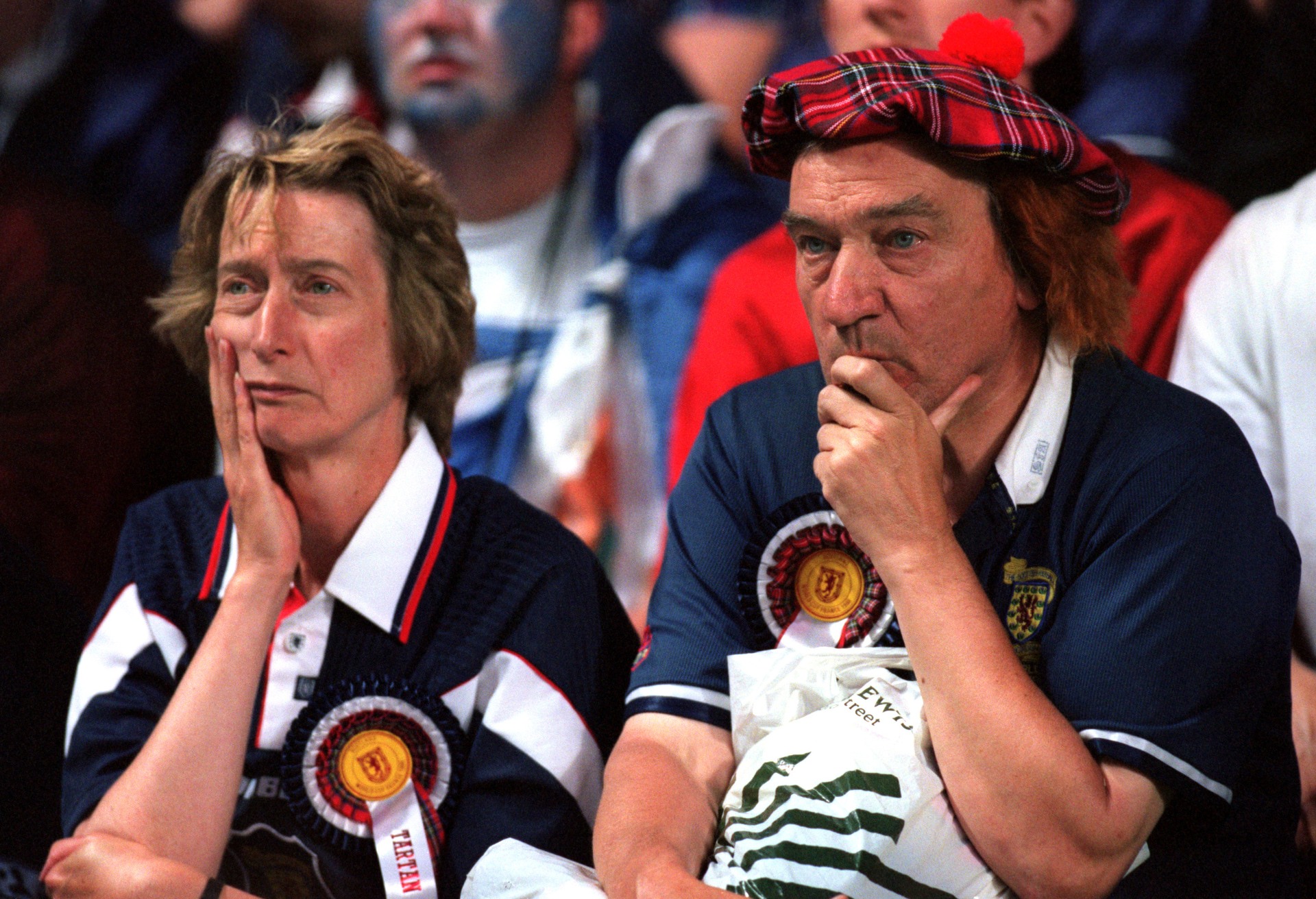Scotland fans dejected after losing 3-0 to Morocco. (Photo by Mark Leech/Getty Images)
