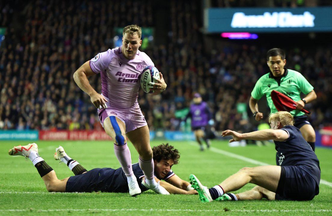 Scotland’s Duhan van der Merwe breaks clear to score his second try of the match during a Quilter Nations Series match between Scotland and the USA at Scottish Gas Murrayfield, on November 01, 2025, in Edinburgh, Scotland. (Photo by Ross MacDonald / SNS Group)