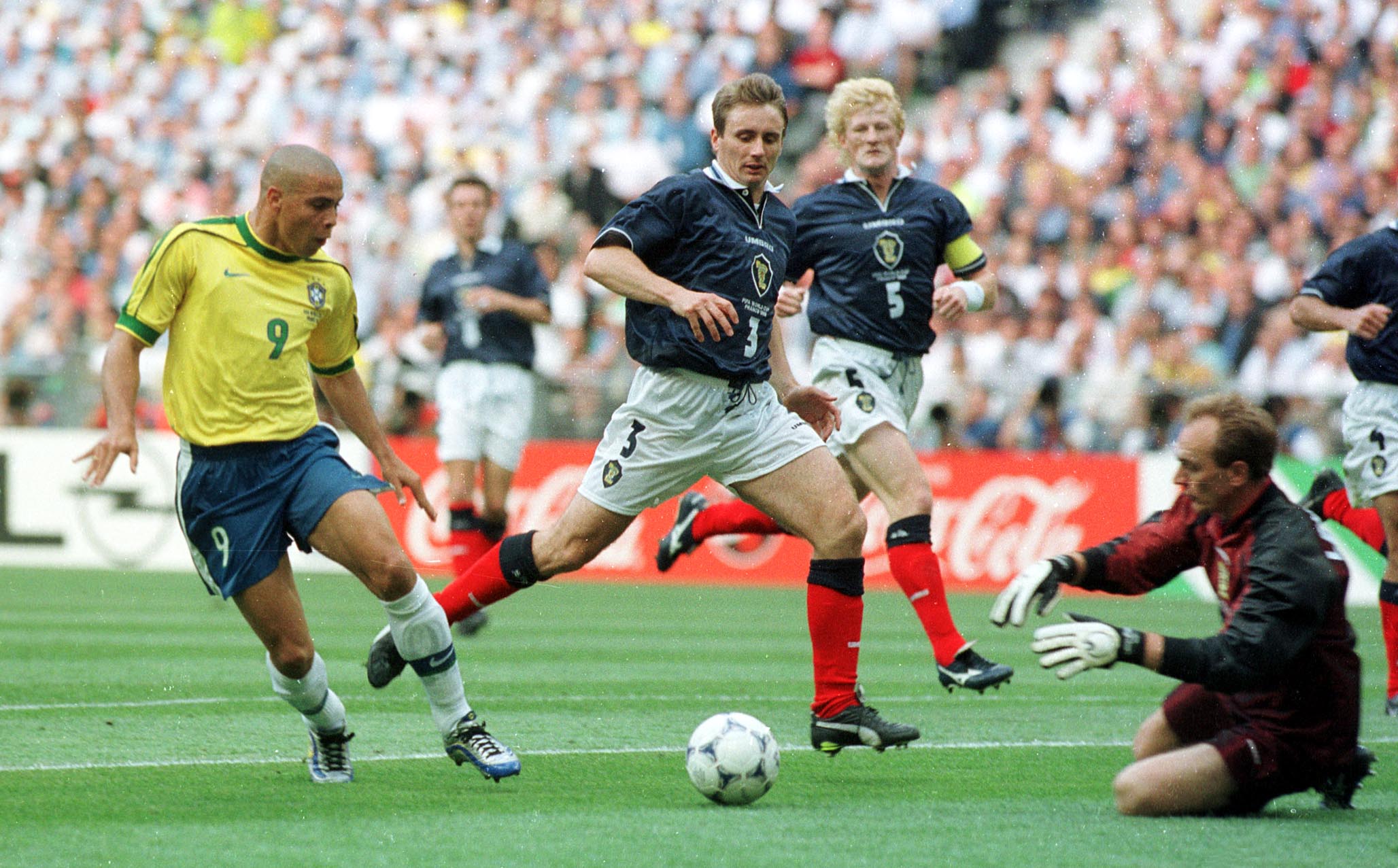 Jim Leighton thwarts Brazilian superstar Ronaldo.