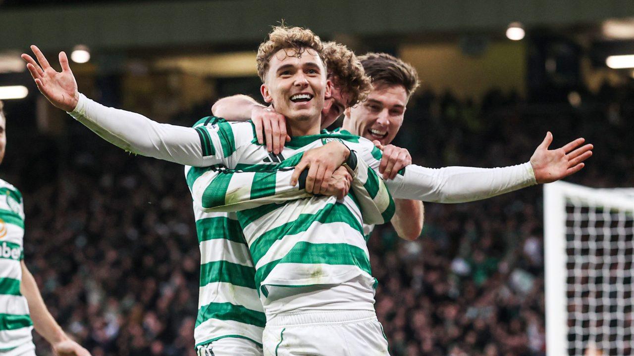 Celtic's Callum Osmand celebrates as he scores to make it 3-1 during a Premier Sports Cup Semi-Final match between Celtic and Rangers at Hampden Park.