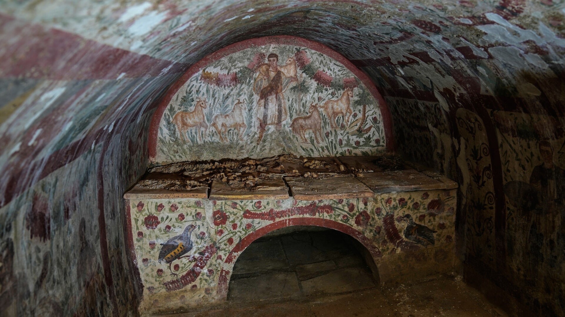 A fresco depicting Jesus as the Good Shepherd adorns the wall of a 3rd-century tomb in Hisardere.