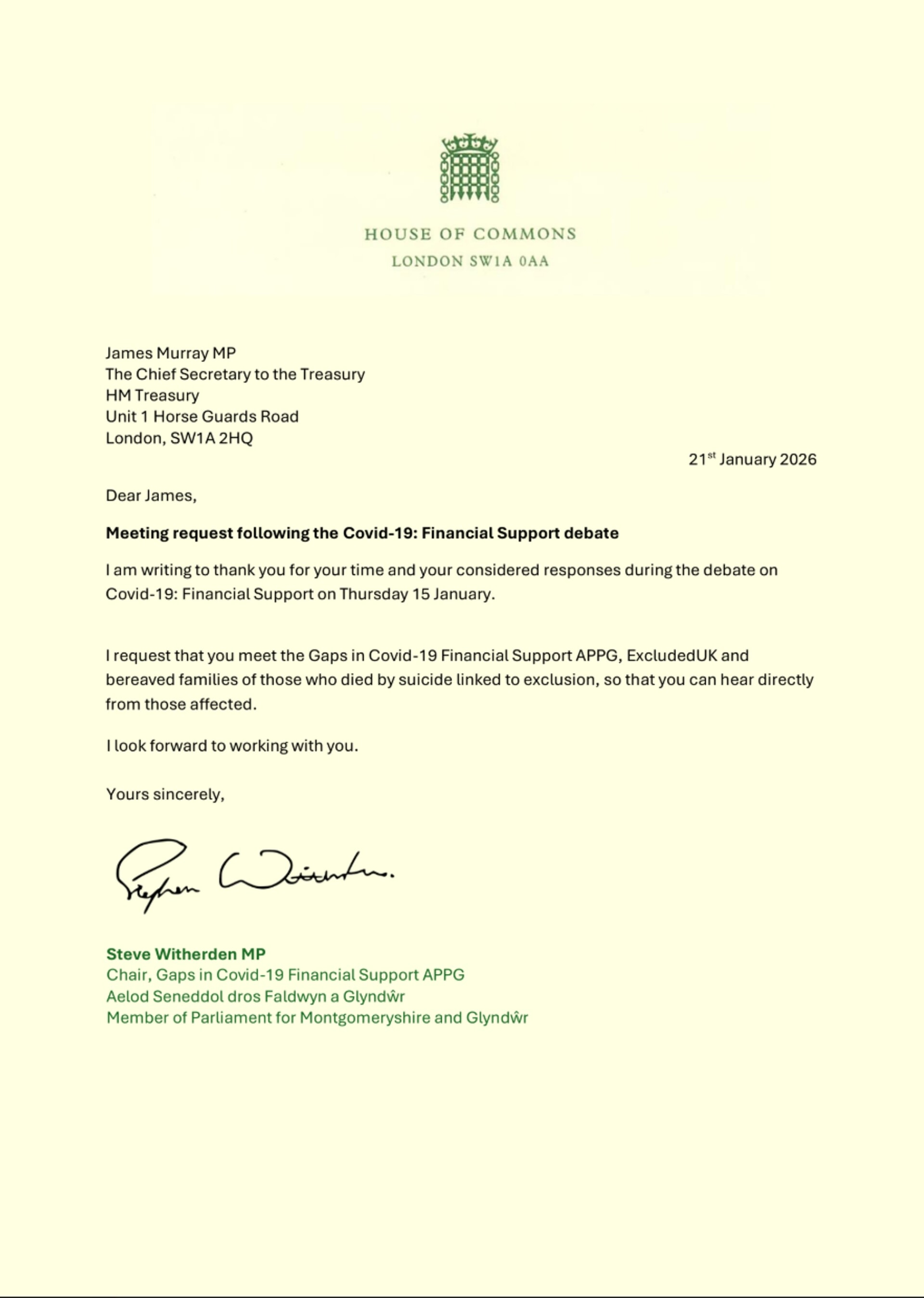 The letter was sent to the Chief Secretary of the Treasury.