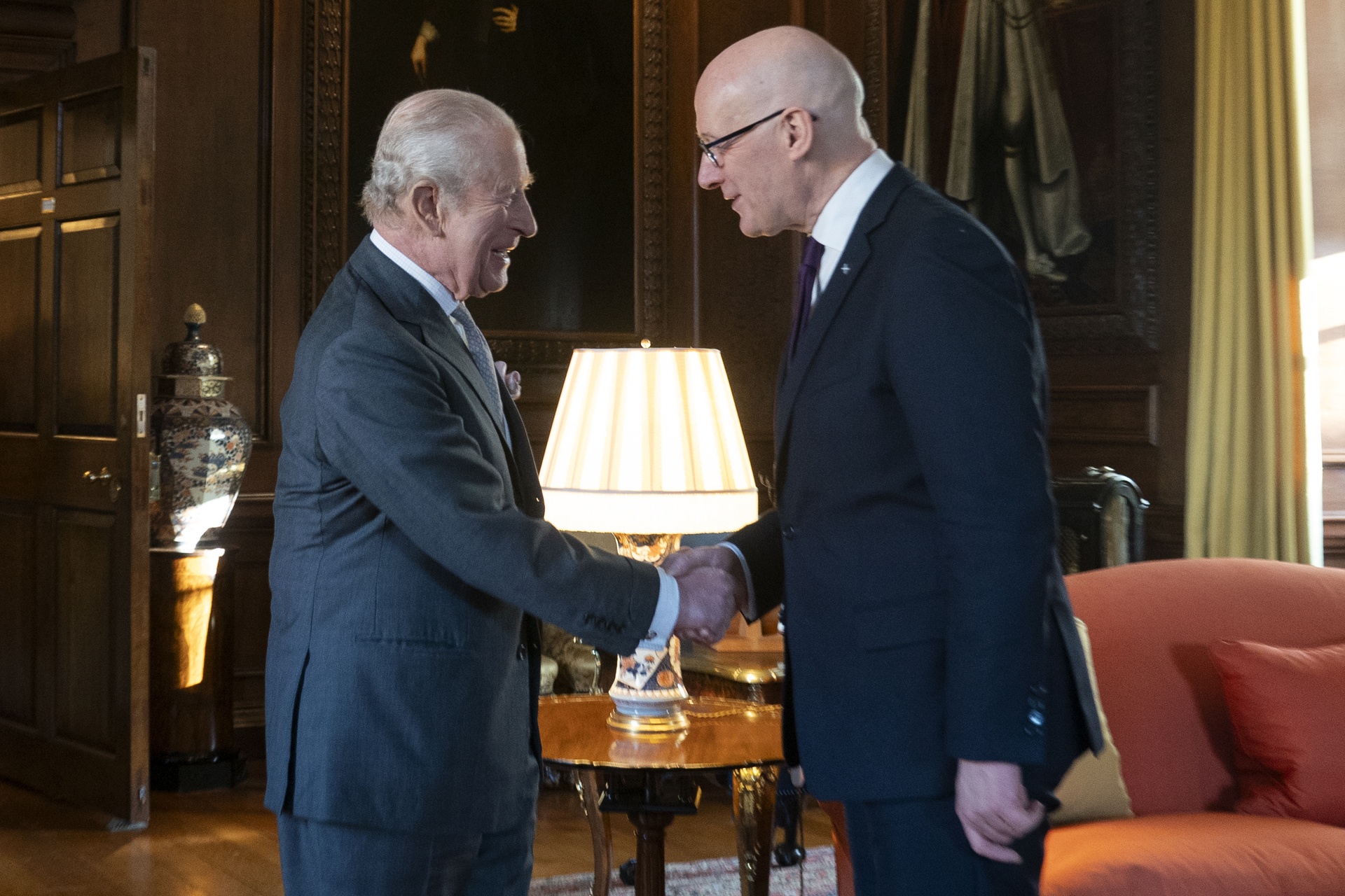 King Charles III meets the First Minister of Scotland John Swinney during a reception at the Palace of Holyroodhouse, Edinburgh, to mark the Scotland Investment Forum and celebrate Scotland's entrepreneurial economy.