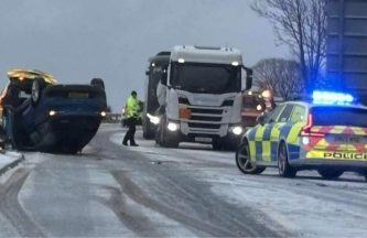 Car flips onto roof on A96 near Huntly amid snowy conditions and weather warnings