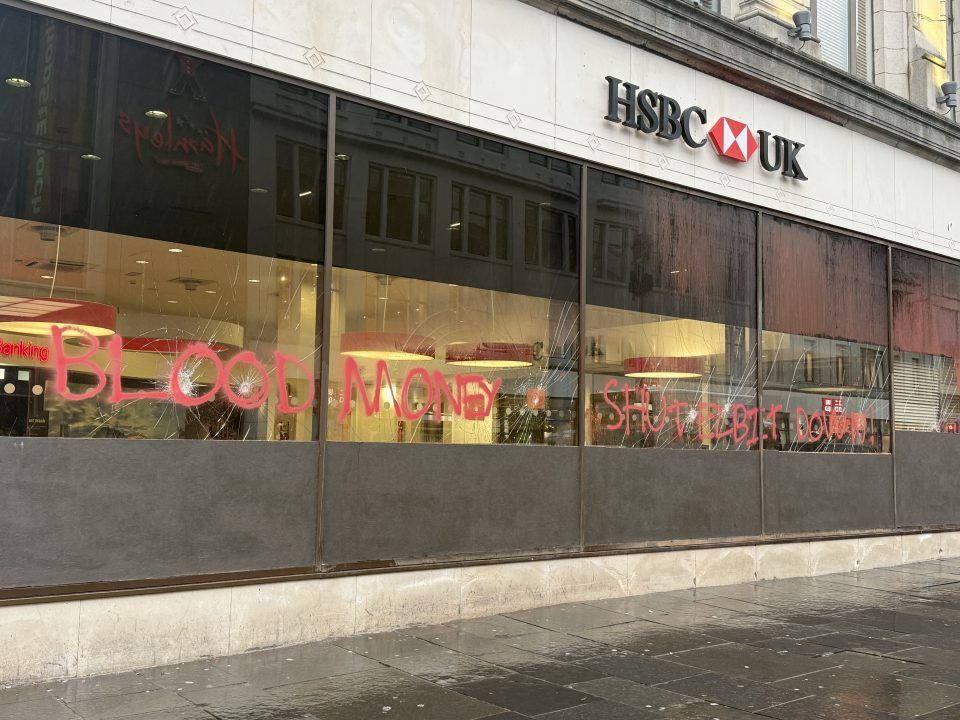 Investigation launched after windows smashed and paint thrown at HSBC building in Glasgow