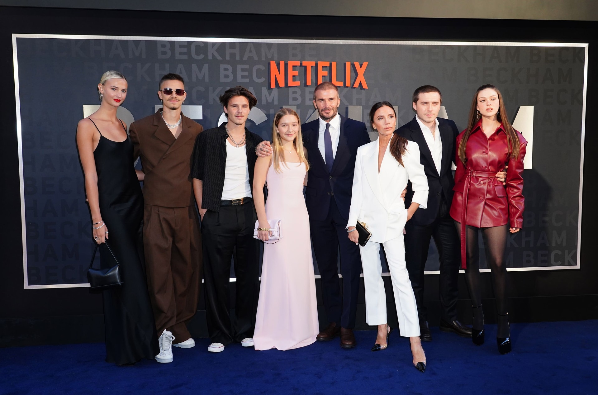 Mia Regan, Romeo Beckham, Cruz Beckham, Harper Beckham, David Beckham, Victoria Beckham, Brooklyn Beckham and Nicola Peltz arrive for the premiere of Netflix’s documentary series Beckham at the Curzon Mayfair in London.