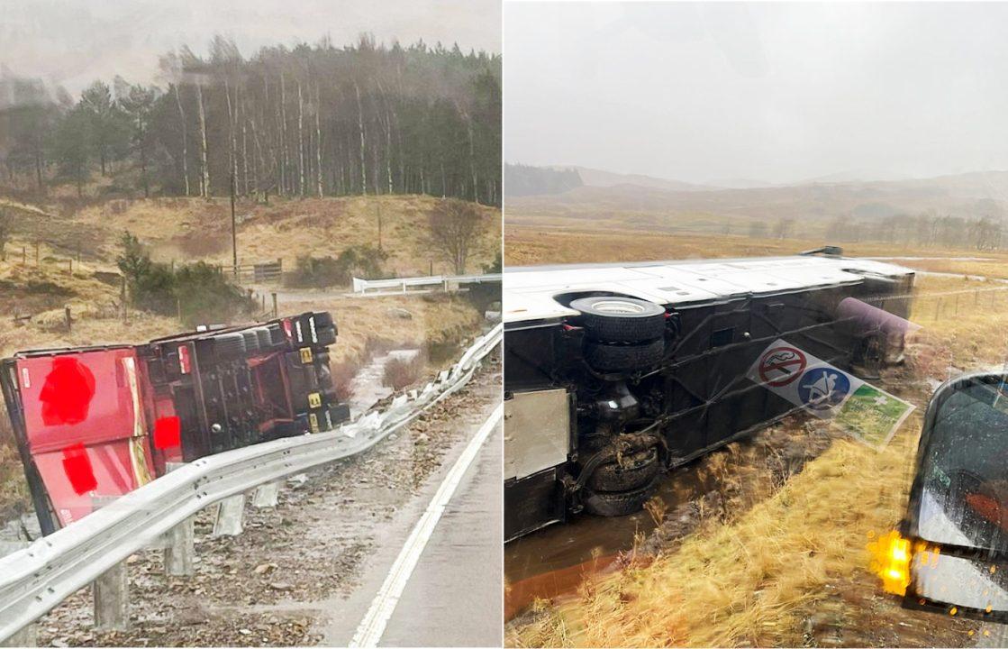 Coach and lorry crash off road during Storm Chandra