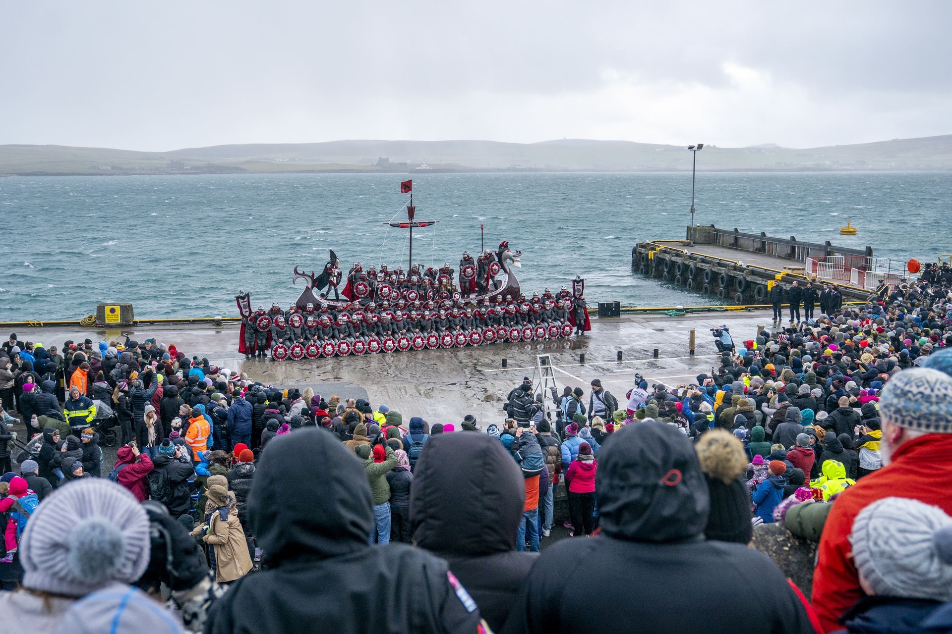The Jarl Squad on the galley at the harbour in Lerwick on the Shetland Isles during the Up Helly Aa festival (Jane Barlow/PA)