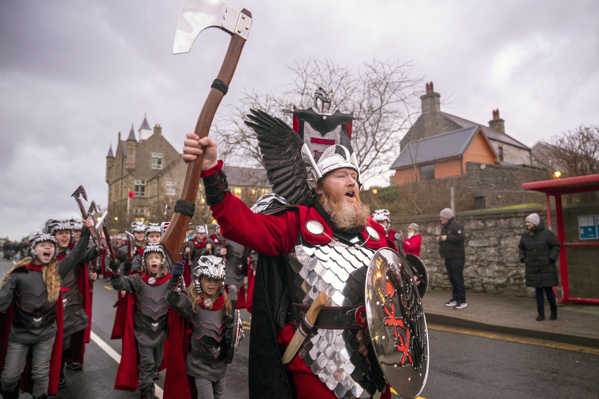 Lynden Nicolson, the Guizer Jarl of the Jarl Squad, leads the parade through Lerwick (Jane Barlow/PA)