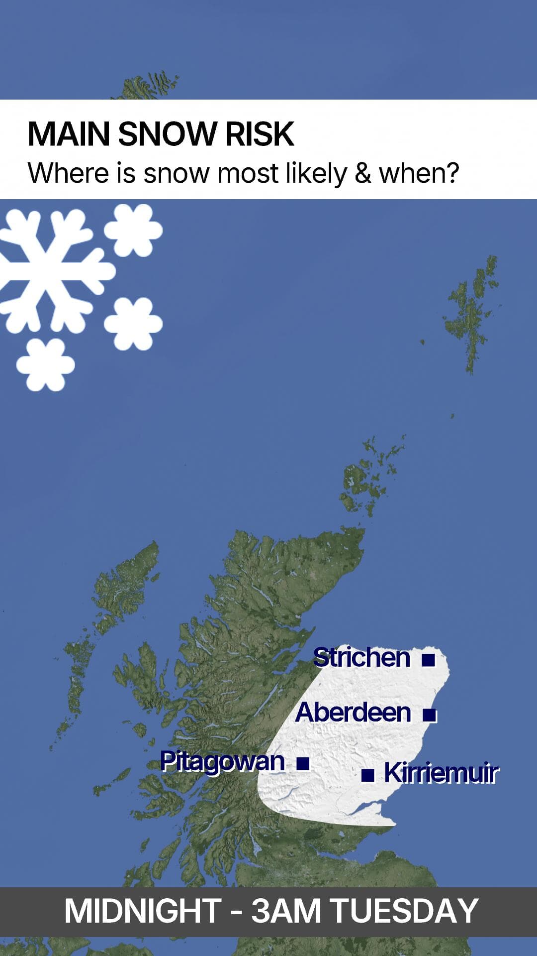 Monday midnight to 3am - Main snow risk: Where is snow most likely and when?