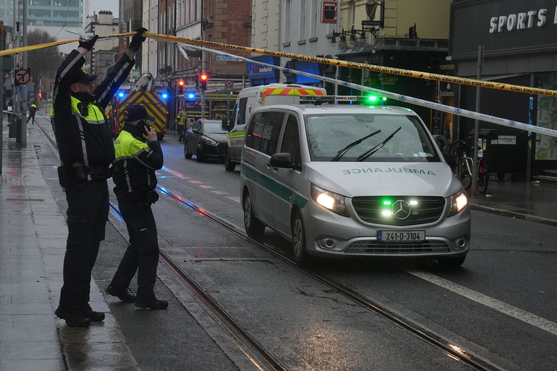 A private ambulance leaves the scene on Talbot Street (Brian Lawless/PA)