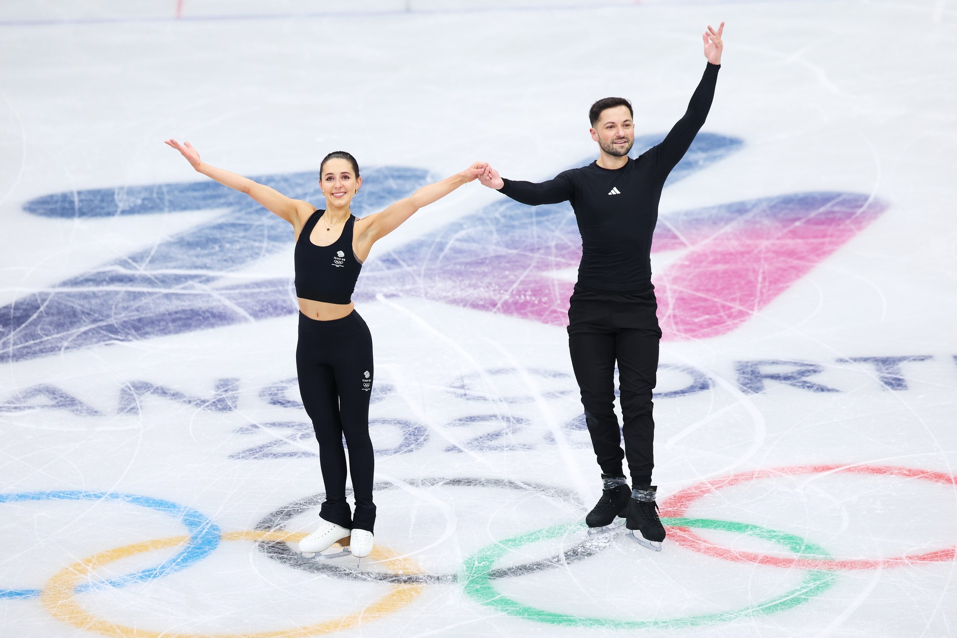 MILAN, ITALY - FEBRUARY 02: Lilah Fear and Lewis Gibson of Great Britain attend an Ice Dance training session ahead of the Milano-Cortina 2026 Olympic Winter Games at Milano Ice Skating Arena on February 2, 2026 in Milan, Italy. (Photo by Tang Xinyu/VCG via Getty Images)