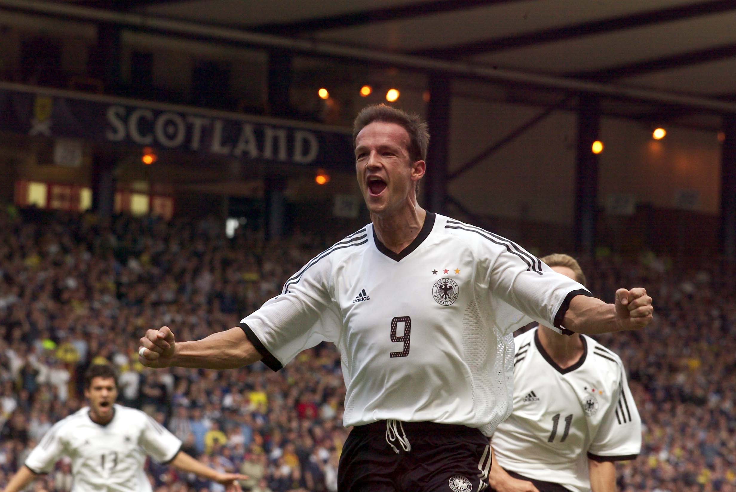 Fredi Bobic celebrates after opening the scoring for Germany in a European Championship qualifier against Scotland in 2003.
