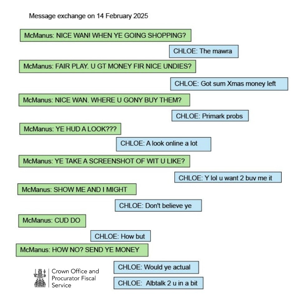 Kik messages between Adam McManus and the decoy on February 14, 2025