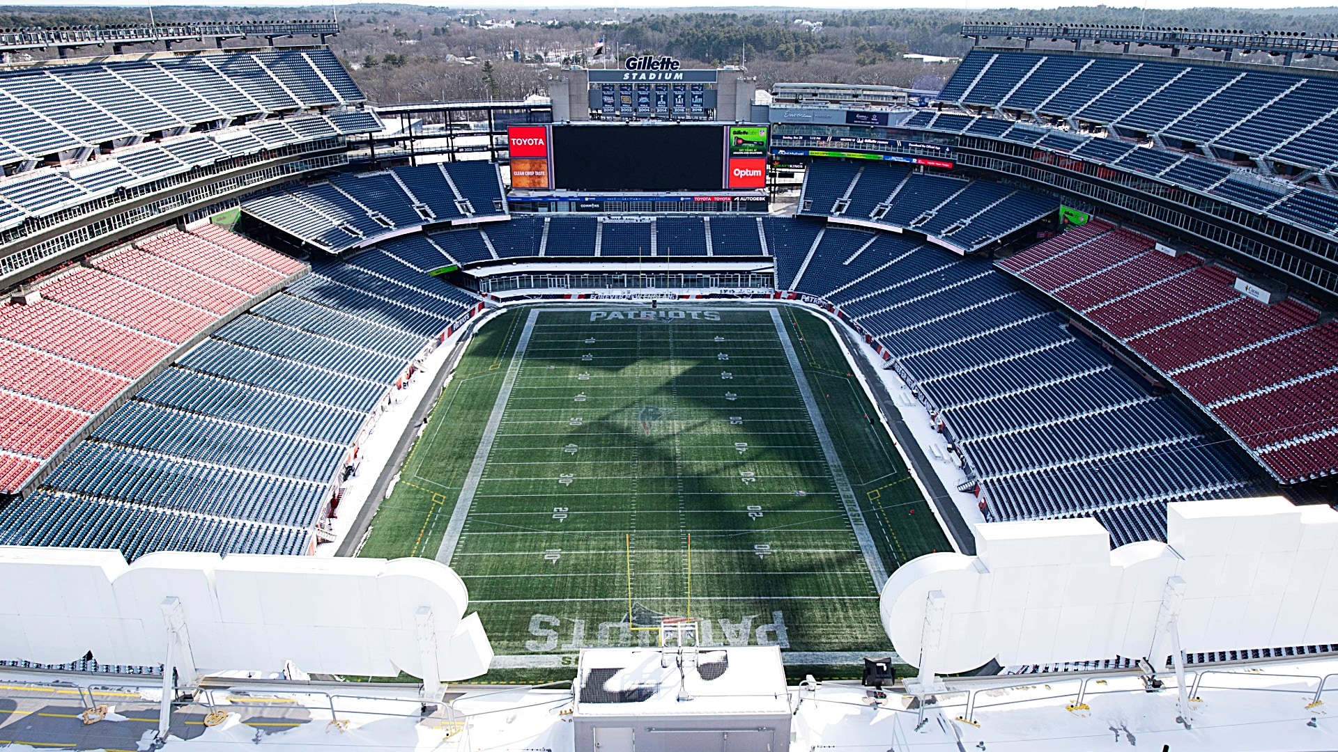 FOXBOROUGH, MA - DECEMBER 28: A general view of the New England Patriots football field and Gillette Stadium from the lighthouse on December 28, 2025, at Gillette Stadium, in Foxborough, MA. (Photo by Erica Denhoff/Icon Sportswire via Getty Images)