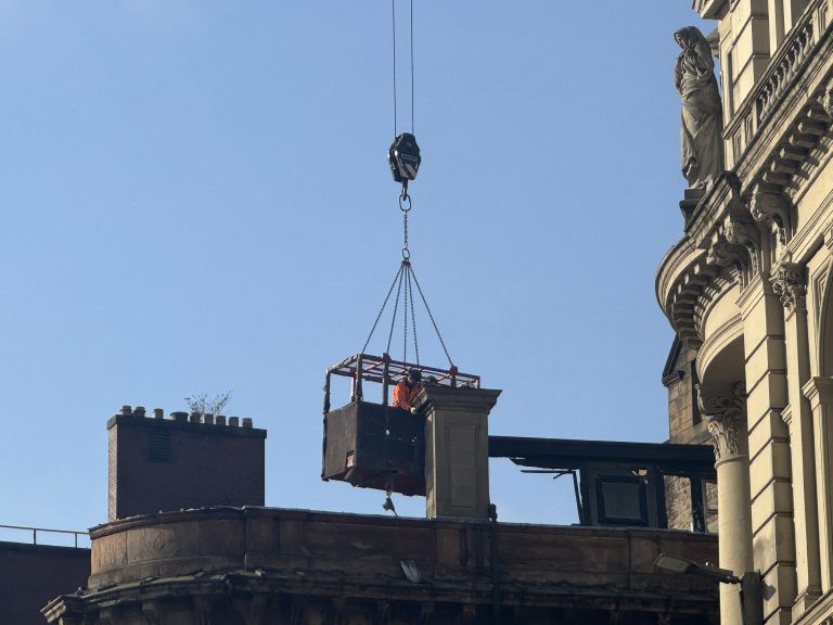 Demolition of Union Street building facade ravaged by fire in Glasgow ...