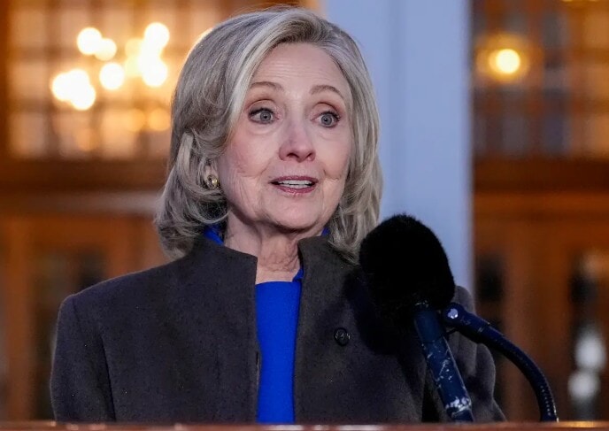 Former secretary of state Hillary Clinton speaks outside the Chappaqua Performing Arts Centre after testifying before US House Congressional Committee