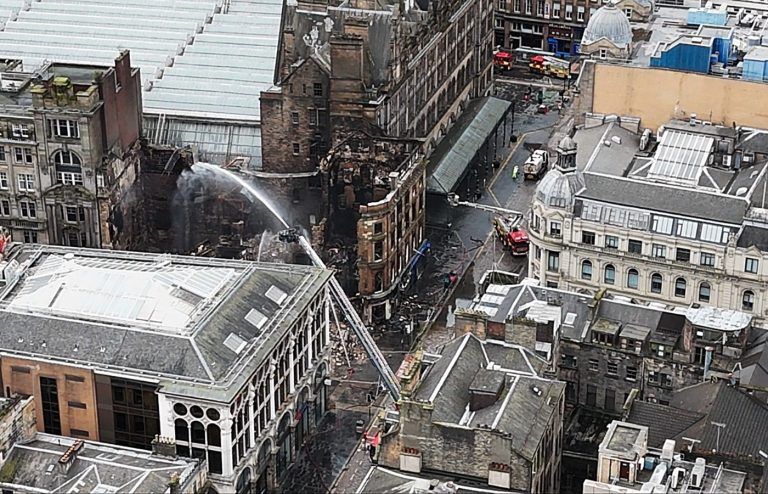 Demolition of Union Street building facade ravaged by fire in Glasgow ...