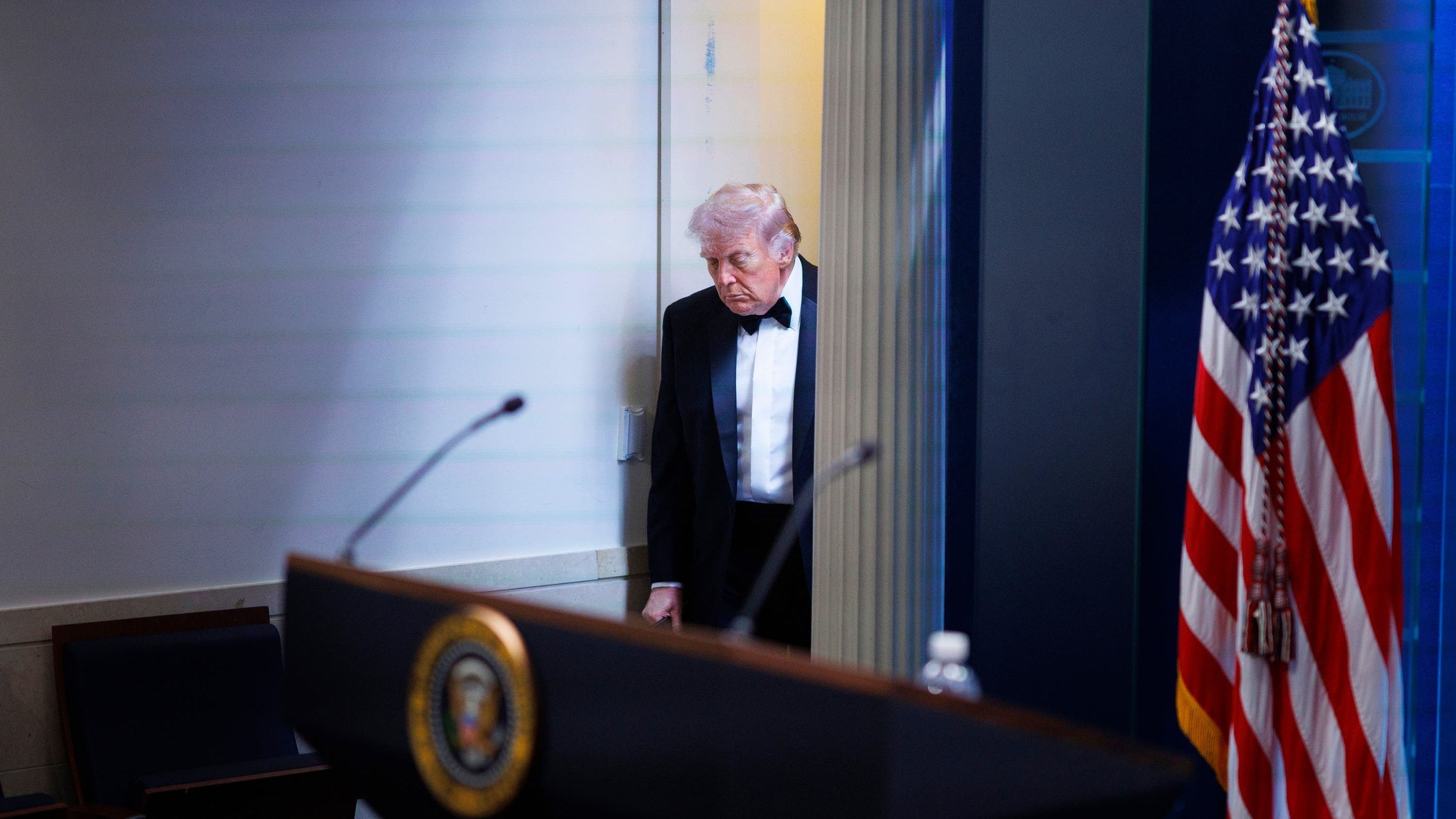 President Donald Trump arrives at the James Brady Press Briefing Room at the White House after the incident