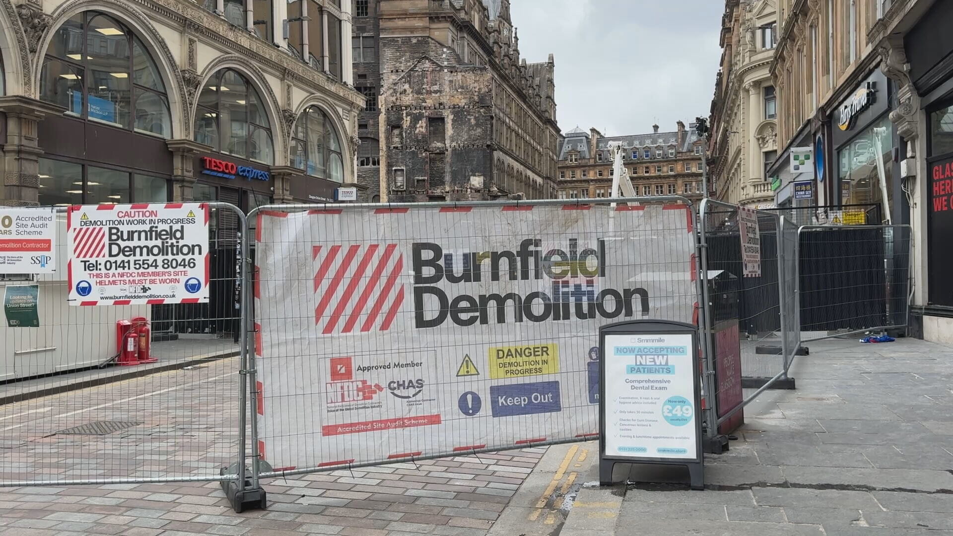 Work has begun to stabilise the exposed gable wall next to Central Station.