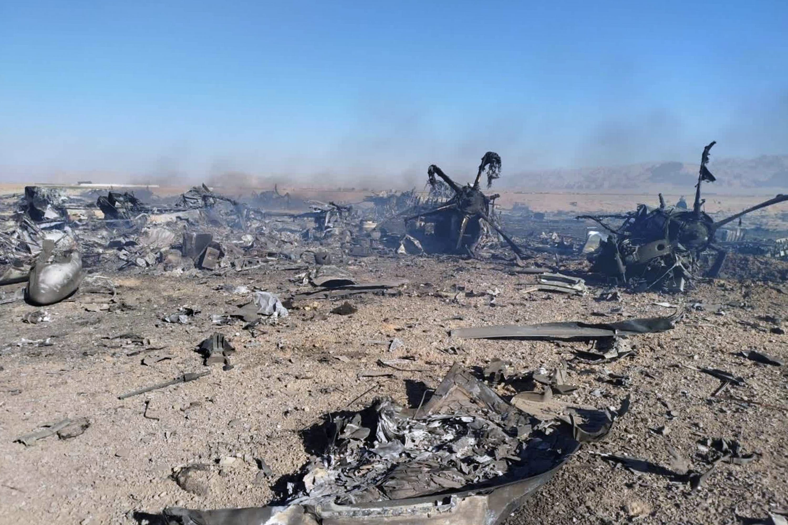 Wreckage is shown of what Iran’s state TV claimed was the site of a downed American transport plane and two helicopters involved in a rescue operation (Sepahnews via AP)