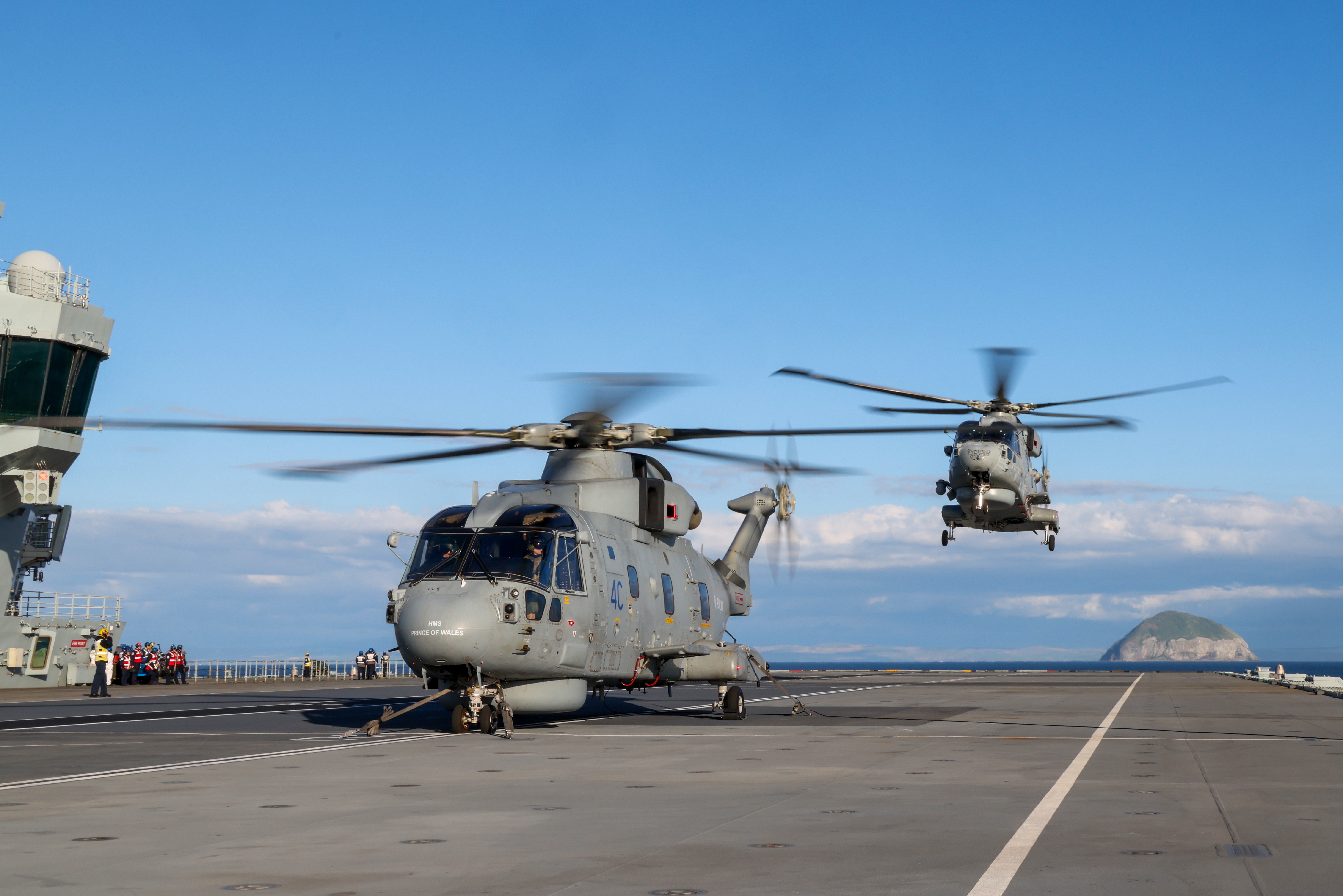 Merlin MK2 Helicopters from 820 Naval Air Squadron embark on Britain’s flagship HMS Prince of Wales.