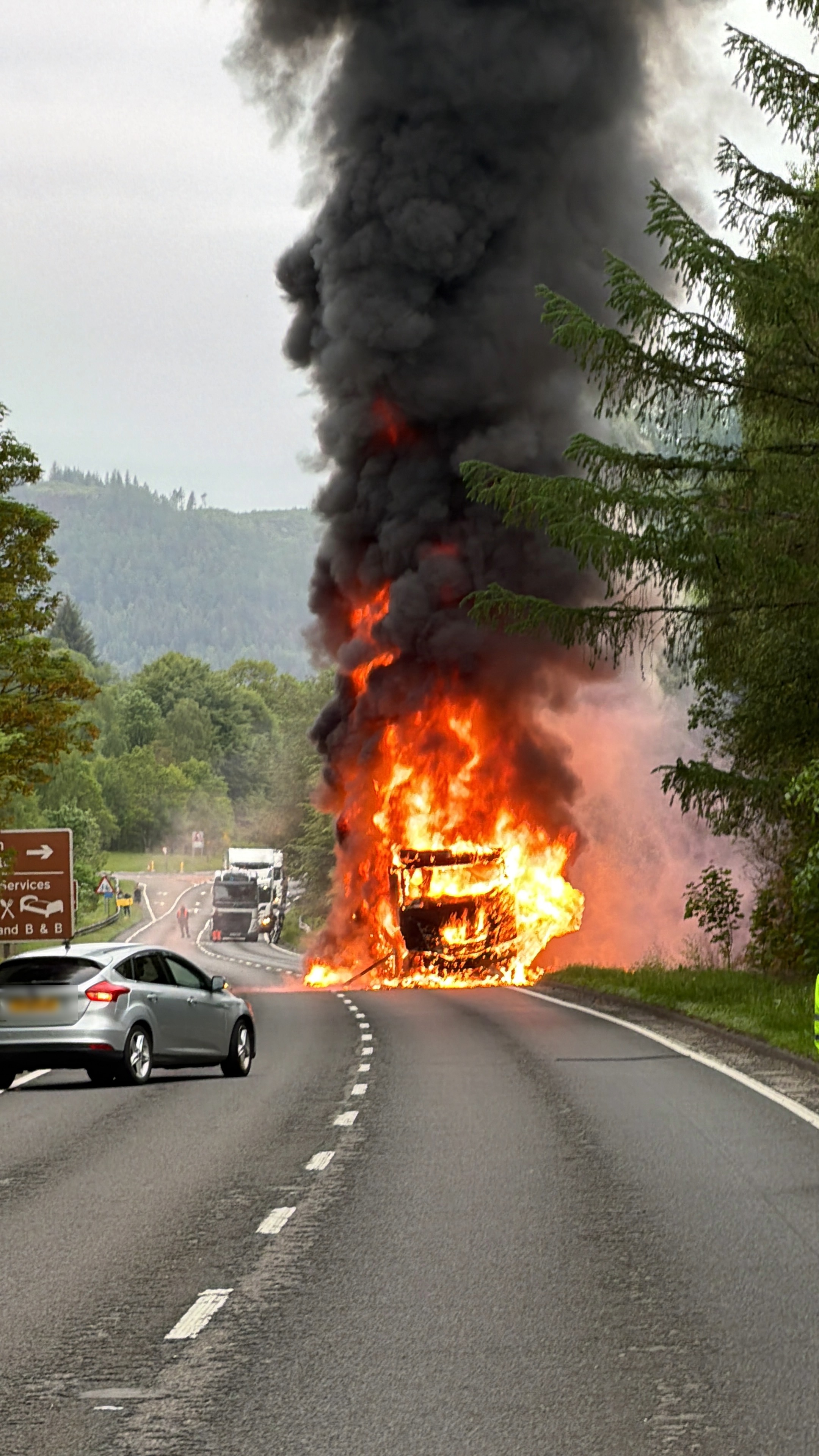 A9 is closed south of Dunkelf after lorry engulfed by fire at around 6.21am on Wednesday, May 25.