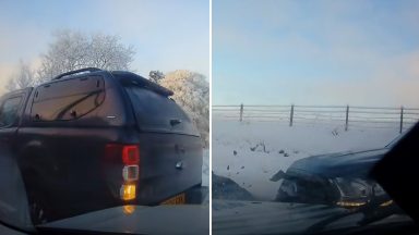 Watch as ‘dangerous’ driver rams stolen truck into police after chase in Aberdeen blizzard