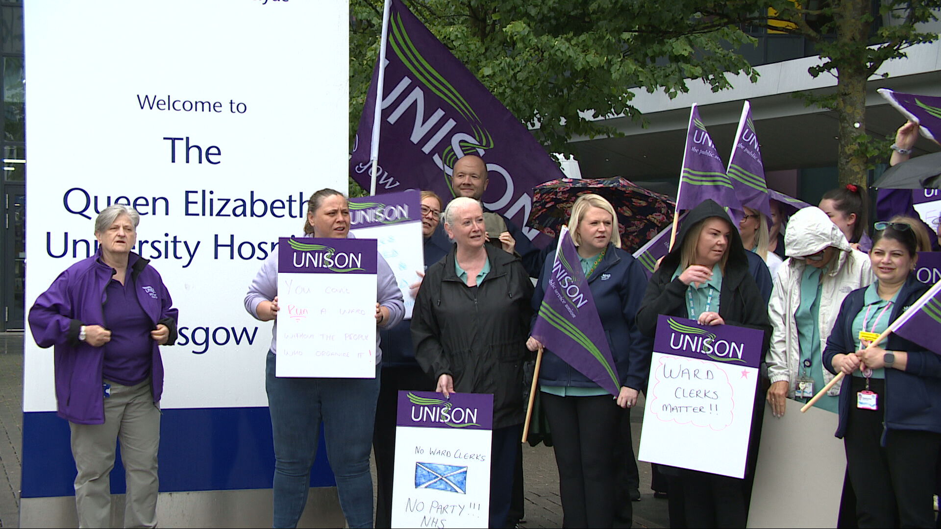 Ward clerks who are members of the Unison trade union gathered outside the QEUH.