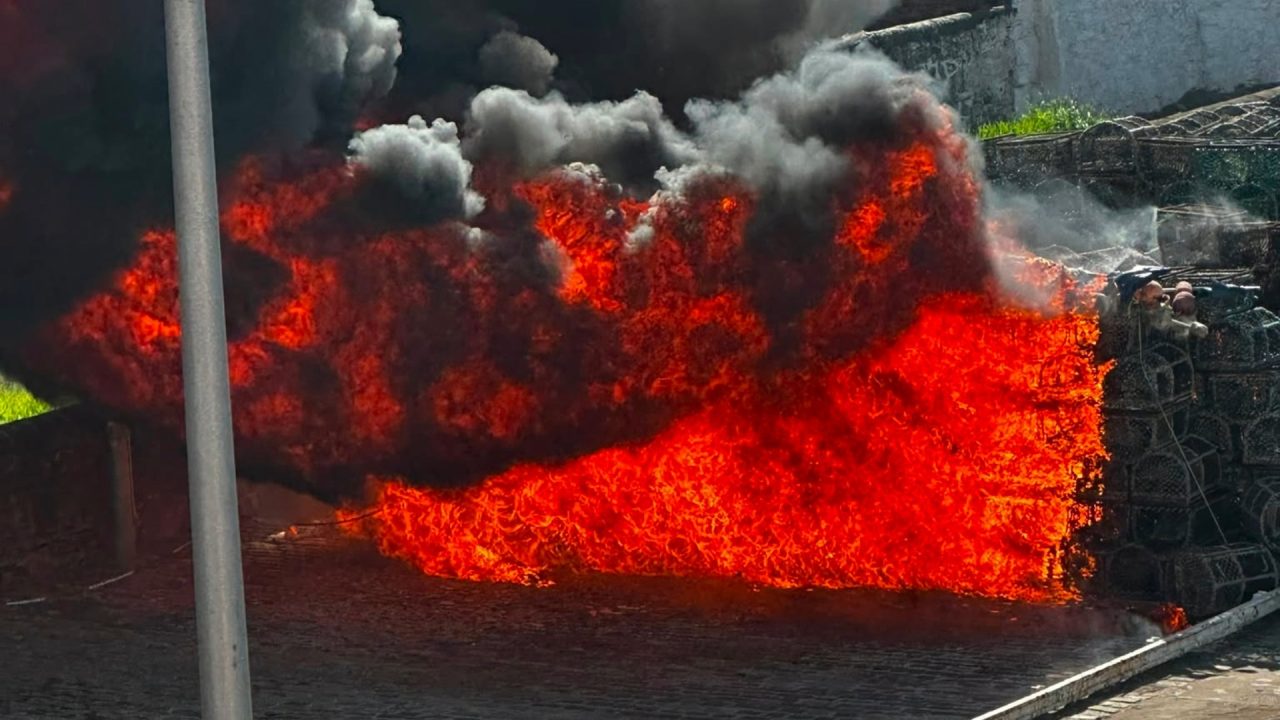 Hundreds of fishing creels catch fire at Arbroath harbour as