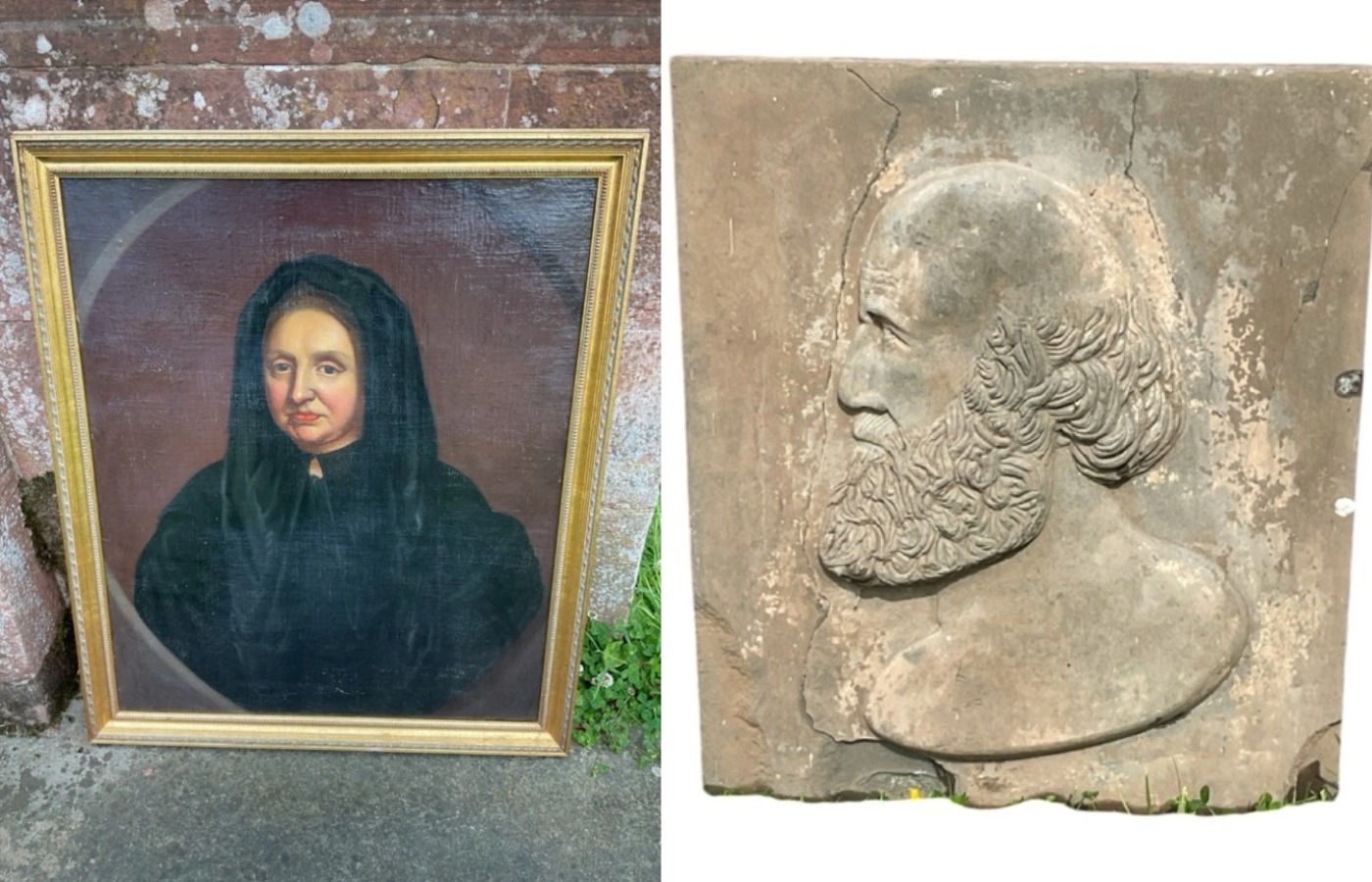 19th-century oil on canvas and a 19th-century carved stone panel