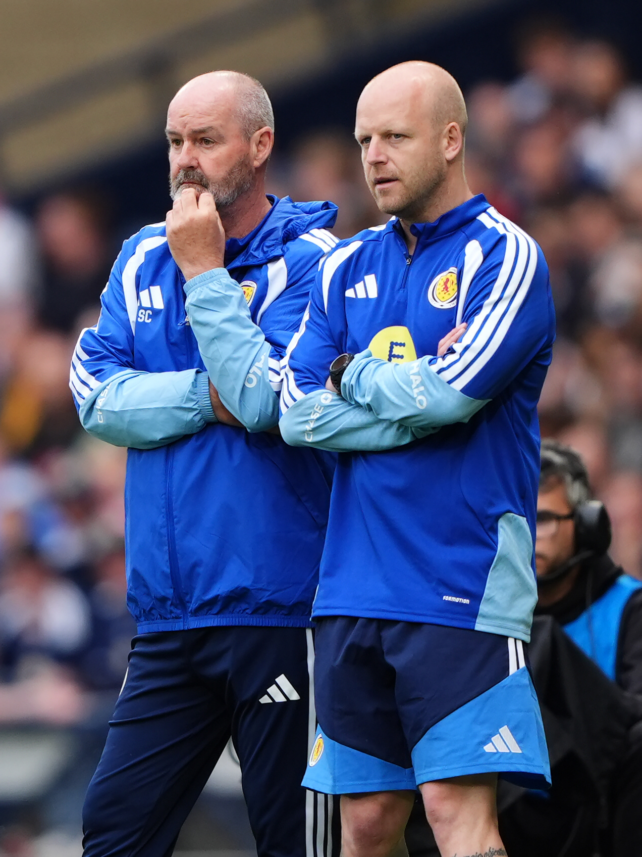Scotland manager Steve Clarke (left) and coach Steven Naismith during an international friendly match at Hampden Park, Glasgow. Picture date: Saturday May 30, 2026.