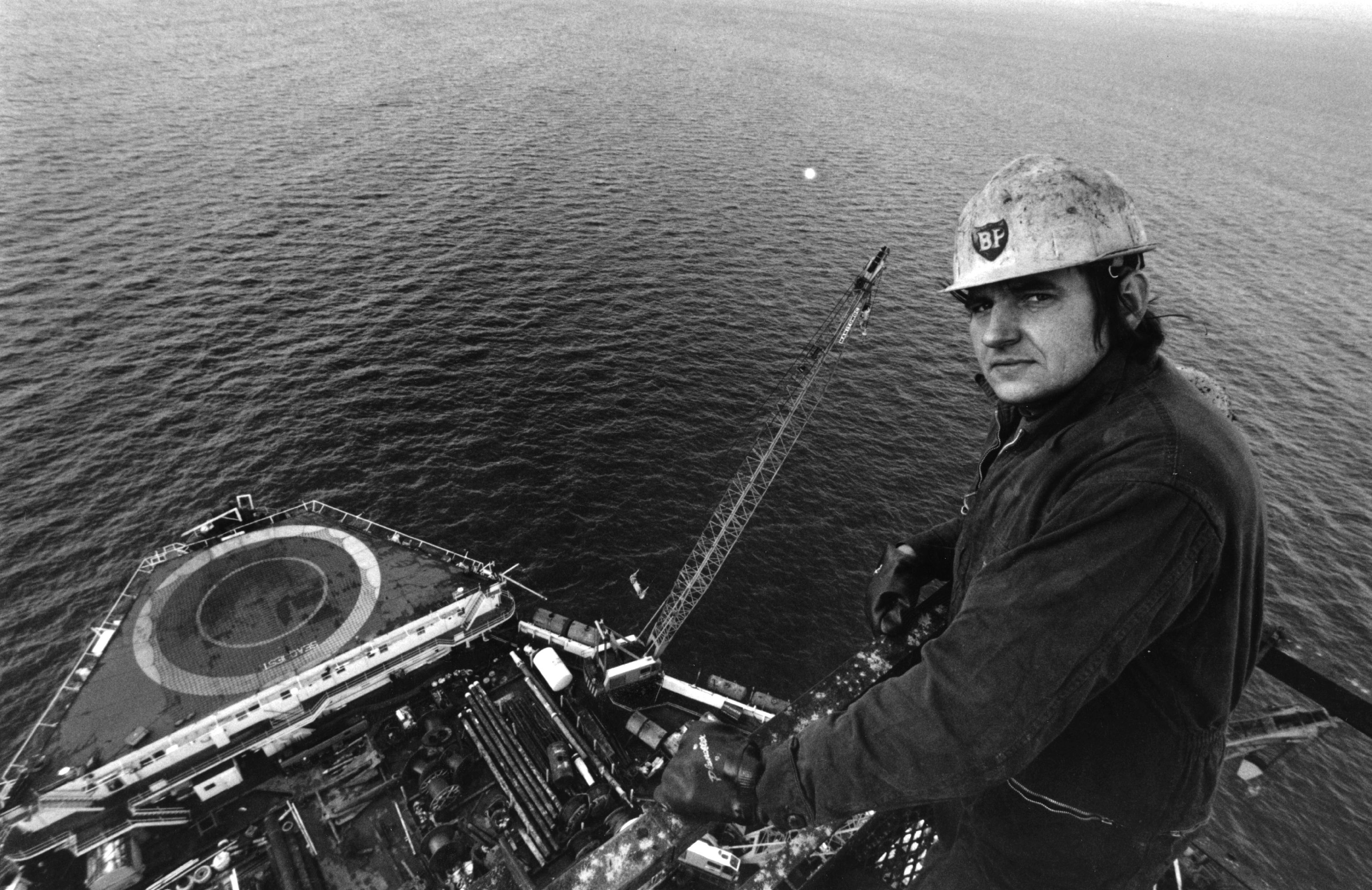 A British Petroleum worker on the North Sea oil rig Sea Quest in 1973.