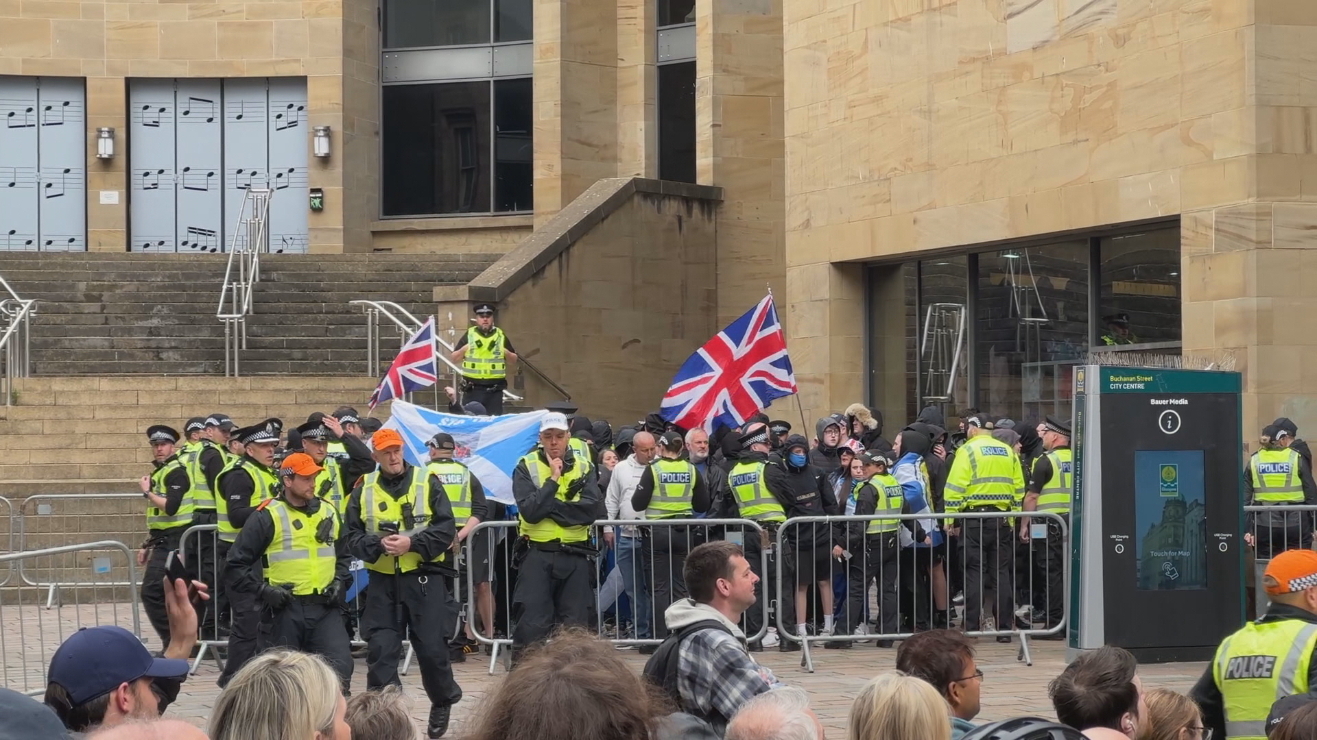 Police separated the group with barriers