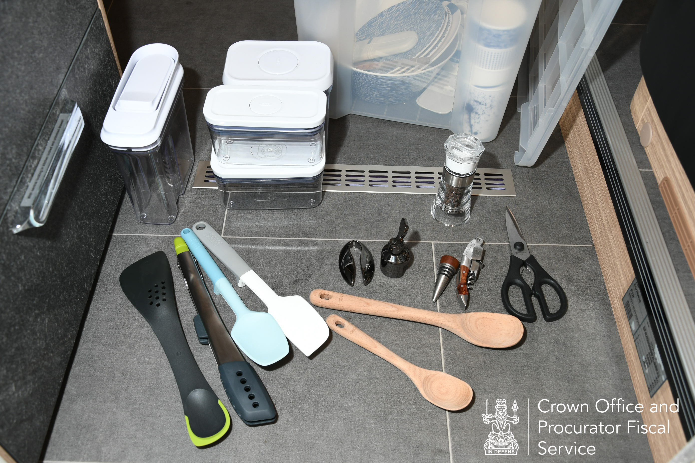 12. Various items seized within motorhome: •	Le Creuset wine opener foil remover from (£22.05, Amazon) •	Le Creuset wine stopper from (£35, Amazon) •	Le Creuset wine stopper (£55) •	Wusthof shears (£62.97 Amazon) •	Peugeot salt and pepper mill (£31.65, Amazon) •	Oxo wooden spoon set from (£14.52, Amazon) •	Joseph Joseph tongs (£30, Amazon) •	5 in 1 tool (£34.95, Amazon) •	Joseph Joseph baking set (£21.02, Amazon) •	Oxo containers from (£19, Amazon)
