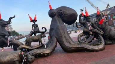 Scotland fans put traffic cones on Boston statues in Glasgow style