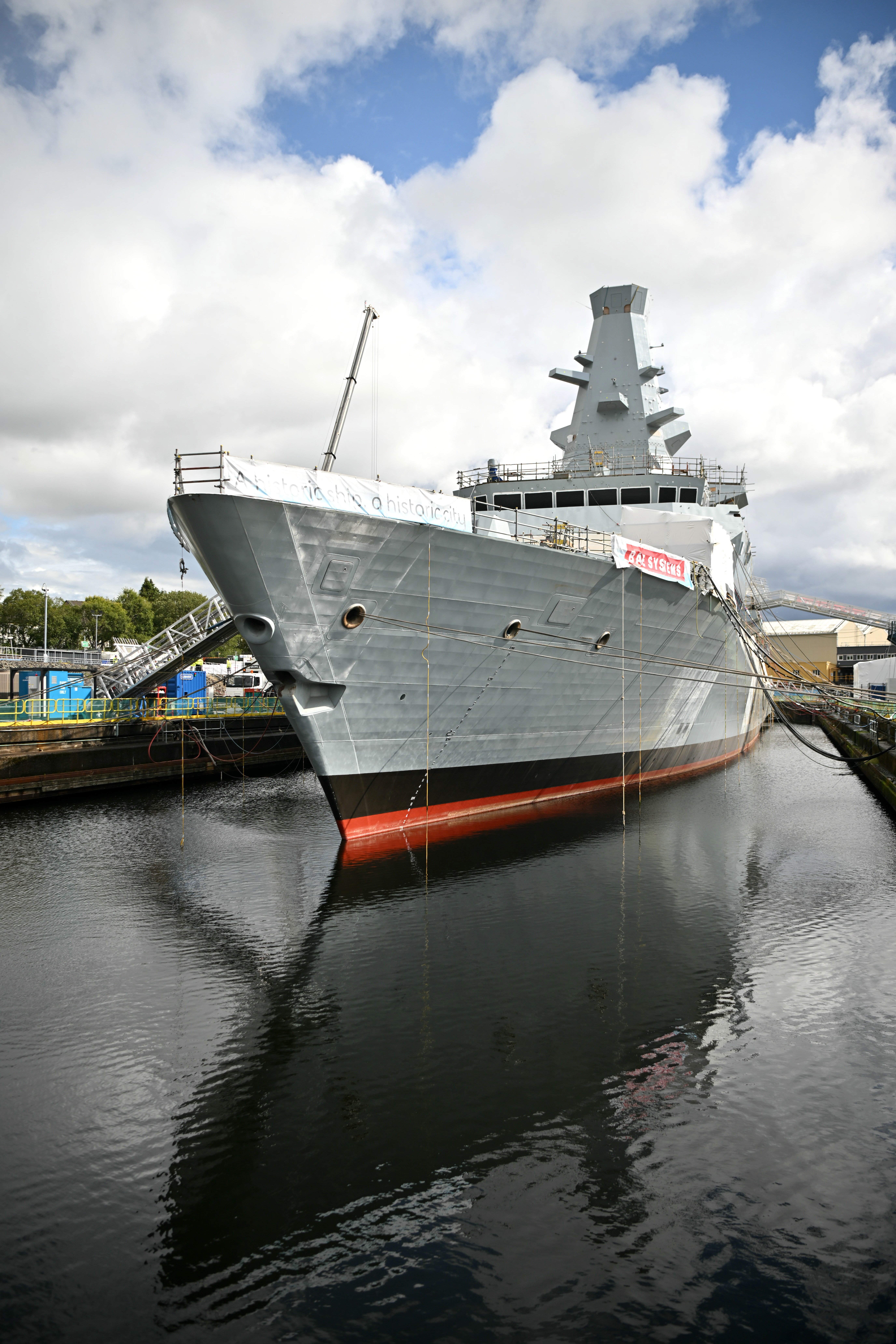 The under-construction City Class Type 26 frigate HMS Glasgow is seen in the dock at BAE Systems