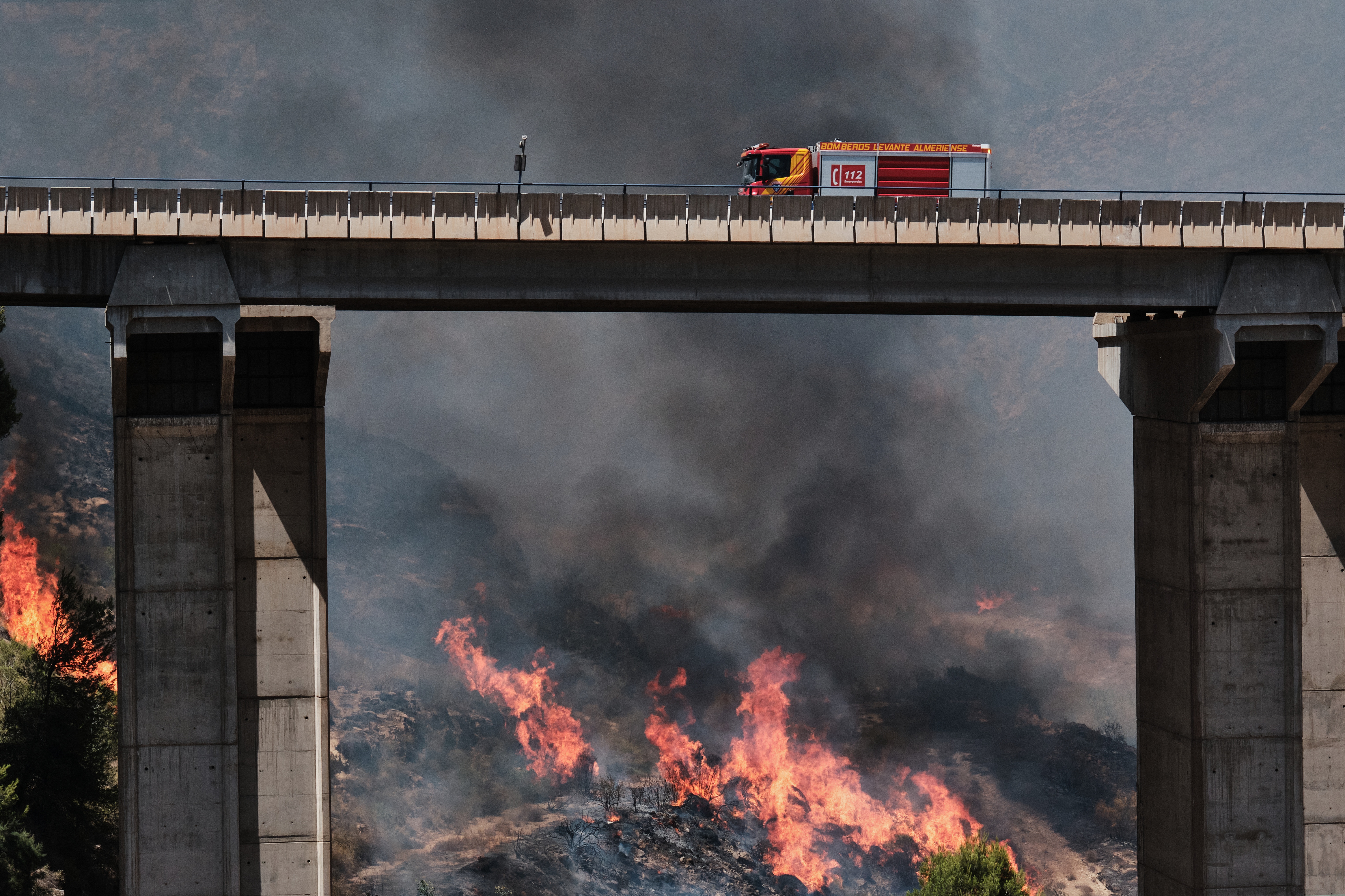 A firefighter truck next to a wildfire in Los Gallardos, near Almeria, Spain.