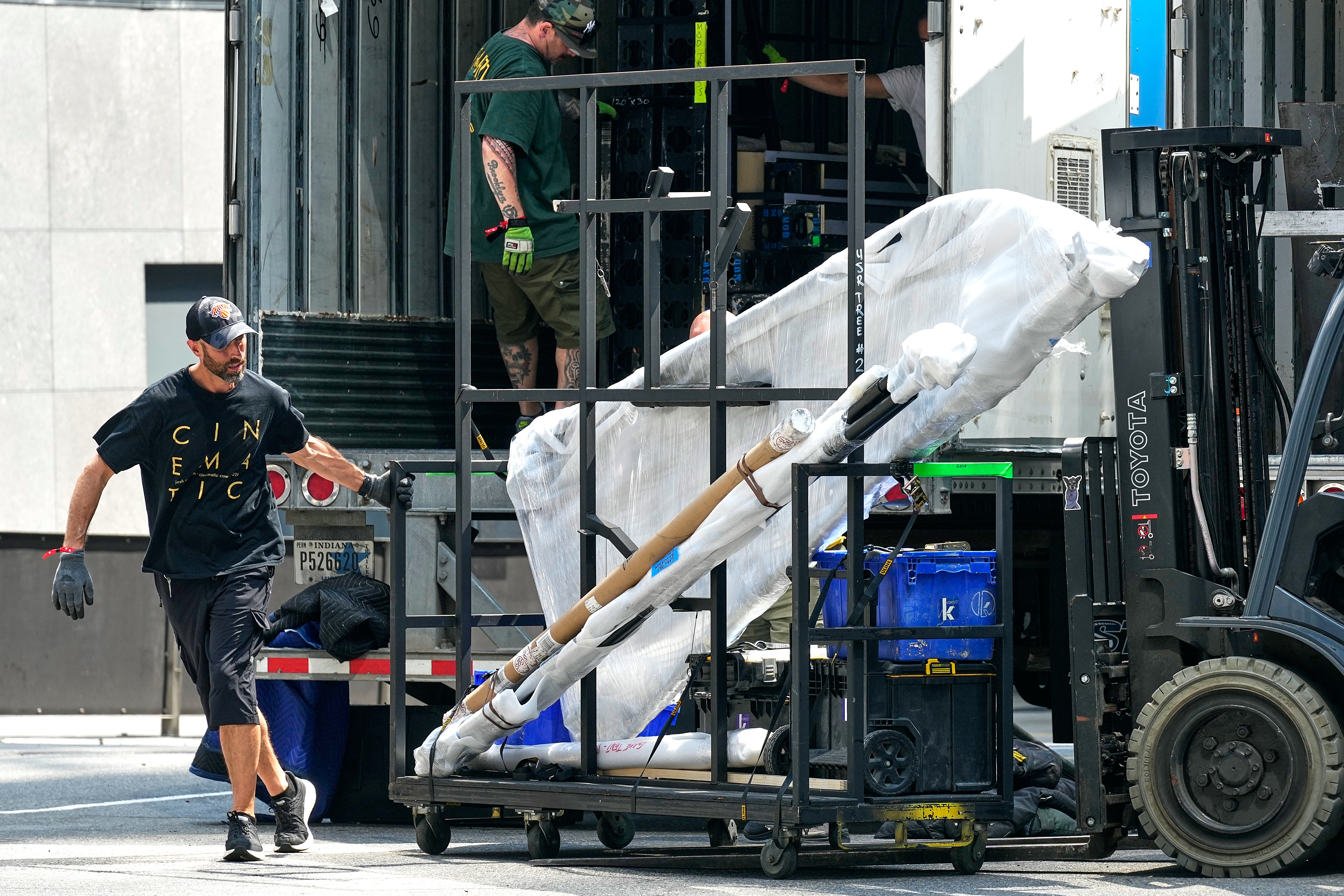 A truck is unloaded outside New York's Madison Square Garden, Wednesday, July 1, 2026. (AP Photo/Richard Drew)