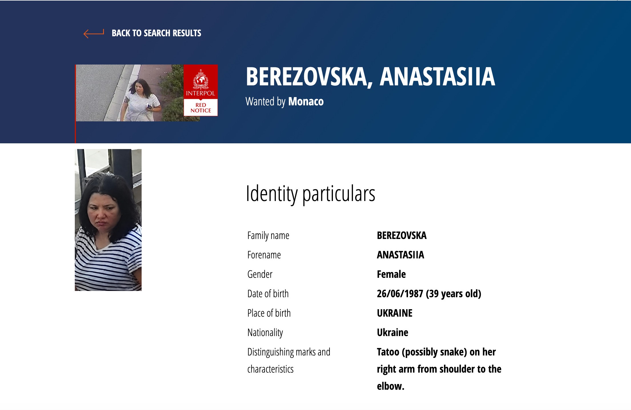 A screenshot of the Interpol webpage showing a Red Notice for the suspect in the Monaco bombing