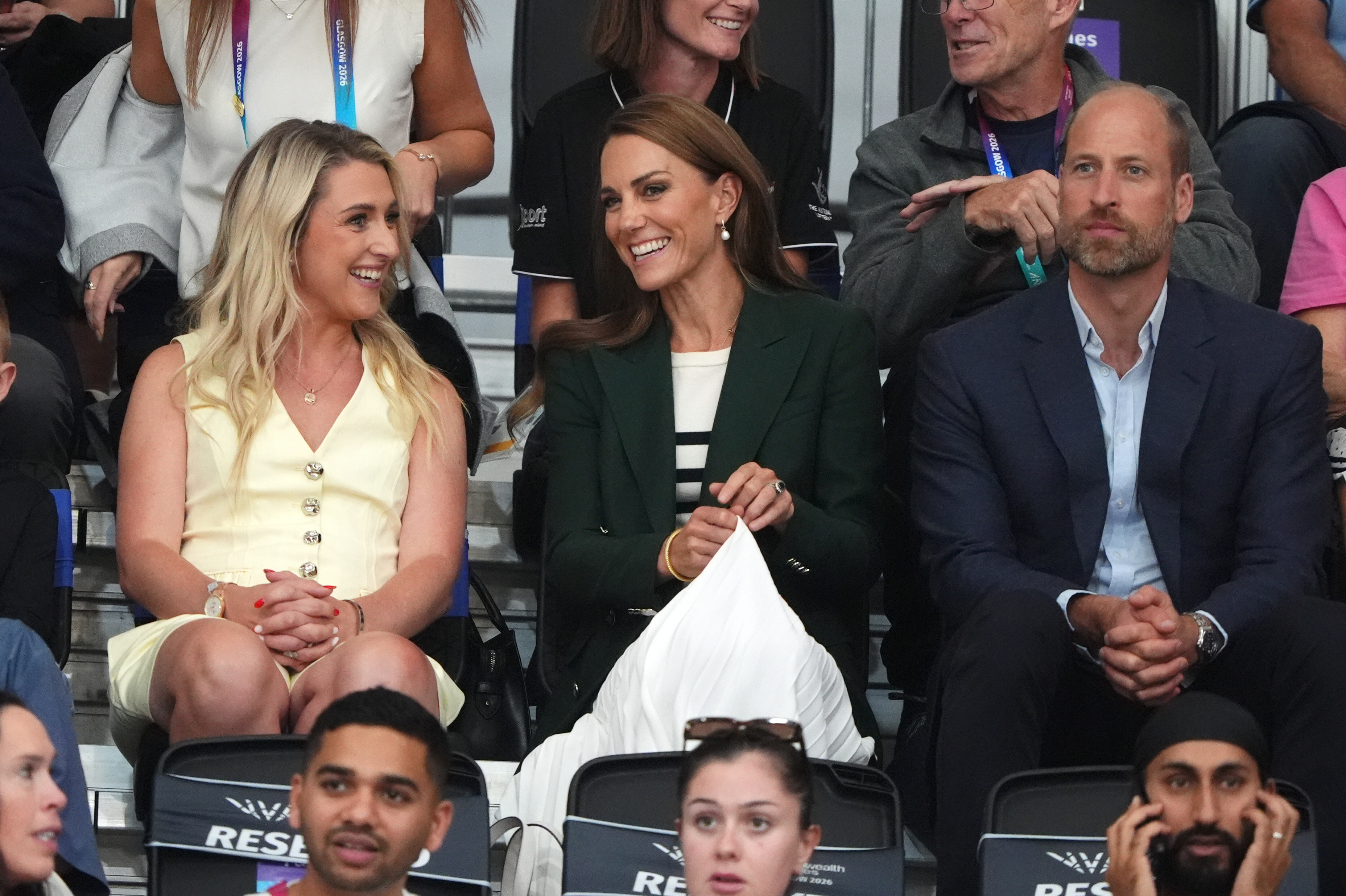 The Prince and Princess of Wales, known as the Duke and Duchess of Rothesay when in Scotland, talking to Laura Kenny at the Sir Chris Hoy Velodrome during day nine of the 2026 Commonwealth Games in Glasgow