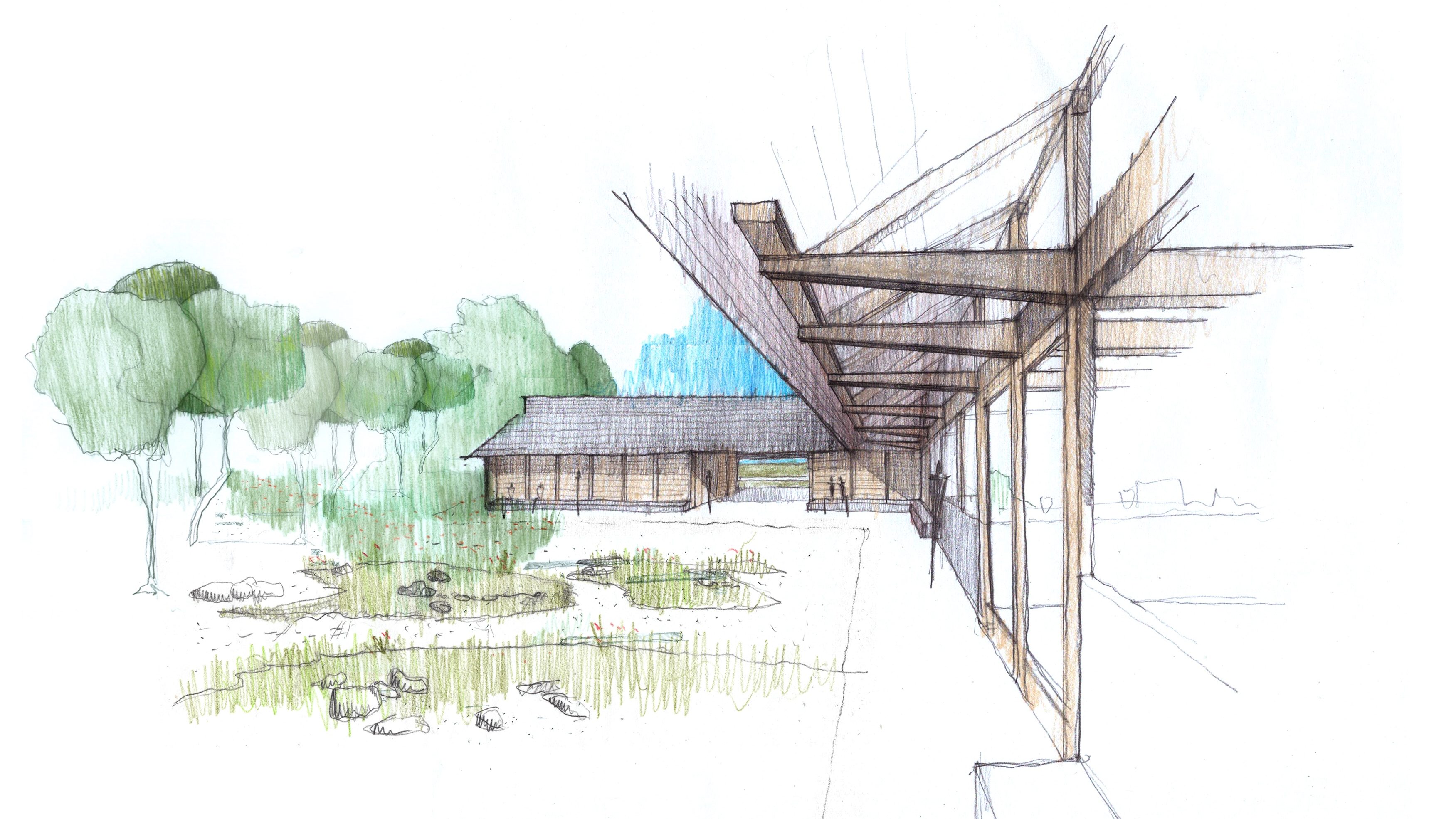 Sketch of the exterior where the cafe meets the beach.
