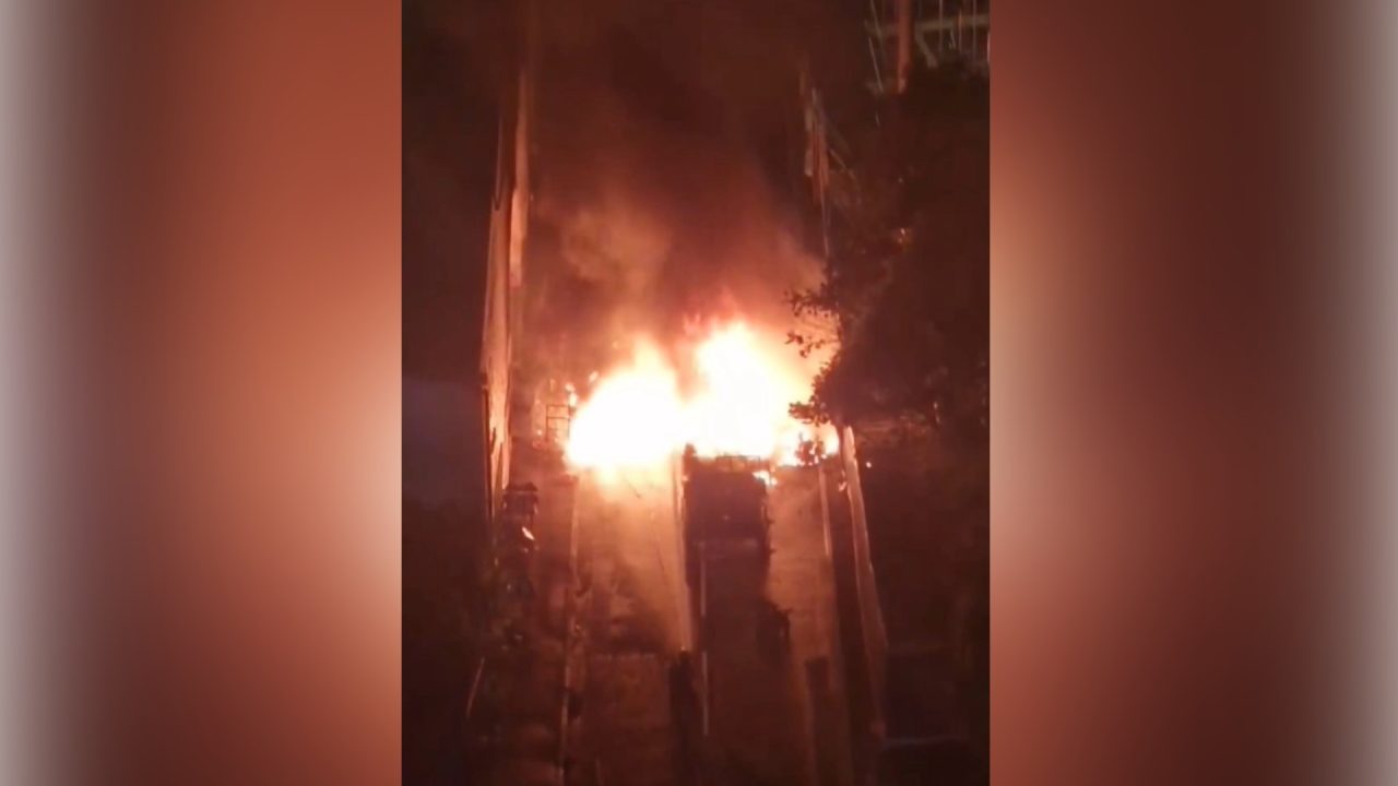 Lorry bursts into flames at site of Glasgow road works